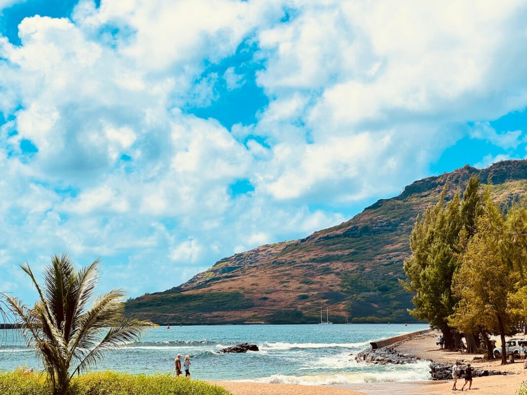 A view of a beach with a mountain in the background